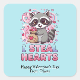 Pegatina Cuadrada Personalized Cute Raccoon Classroom Valentine