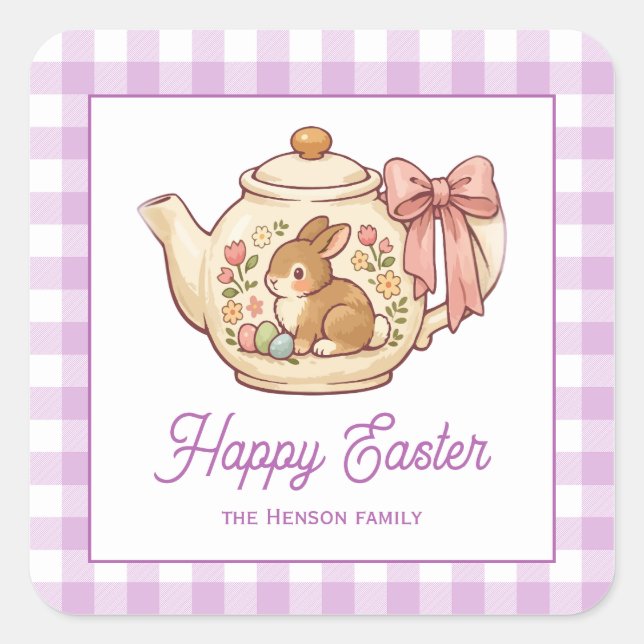 Pegatina Cuadrada Personalized Easter Bunny Teapot Gingham Family (Anverso)