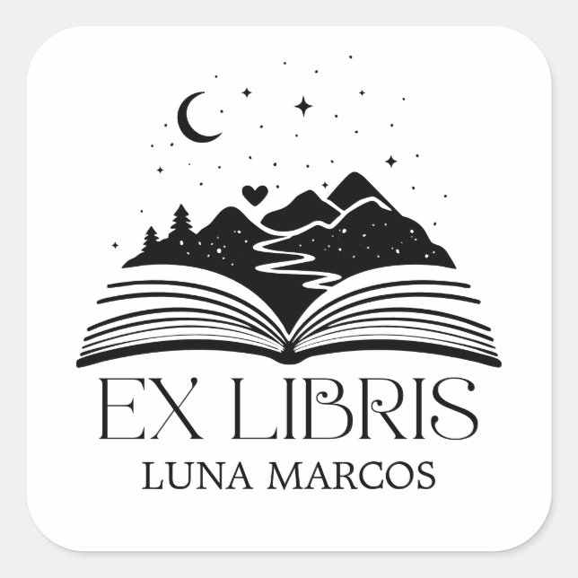 Pegatina Cuadrada Personalized Ex Libris with a Book and Stars Heart (Anverso)