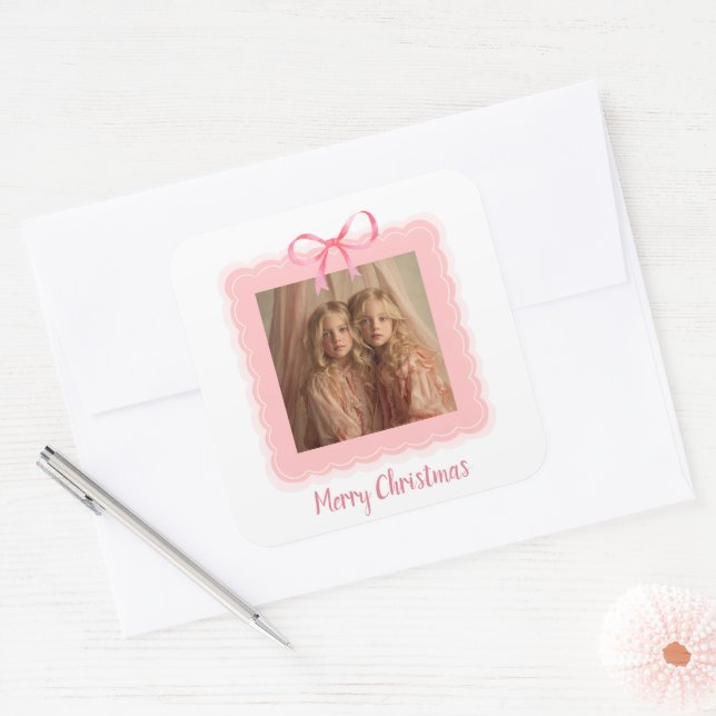 Pegatina Cuadrada Personalized Family Photo Merry Christmas Sticker (Sobre)