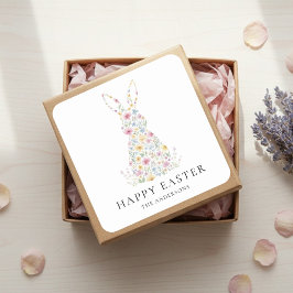 Pegatina Cuadrada Personalized Floral Easter Bunny | Custom