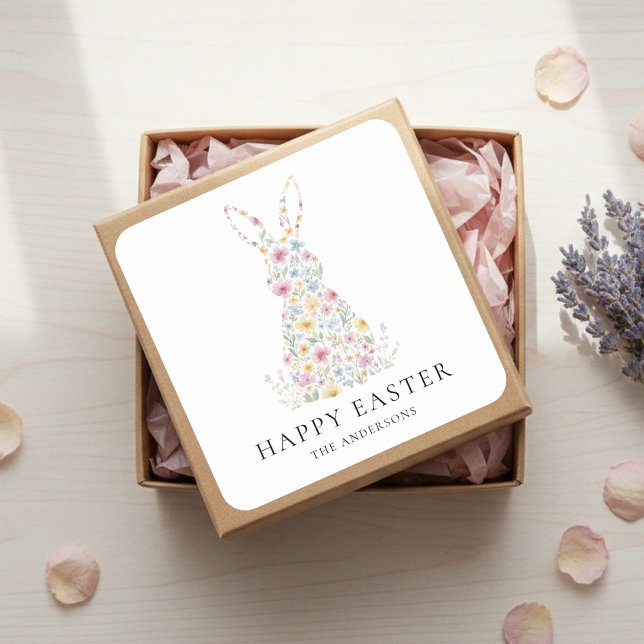 Pegatina Cuadrada Personalized Floral Easter Bunny | Custom  (Subido por el creador)