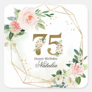 Pegatina Cuadrada Personalized Gold & Floral 75th Custom