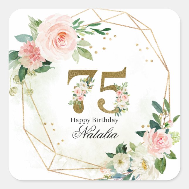 Pegatina Cuadrada Personalized Gold & Floral 75th Custom (Anverso)