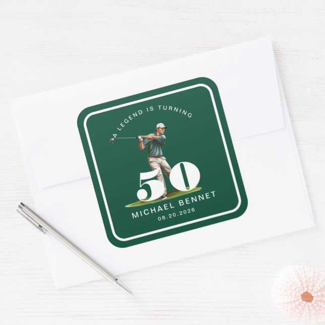 Pegatina Cuadrada Personalized Green Sports Golf 50th Birthday (Sobre)