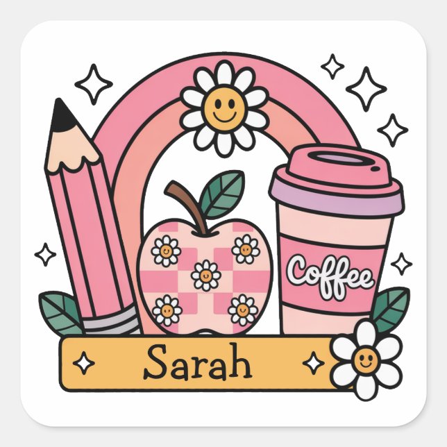Pegatina Cuadrada Personalized Name Back to School Gift for Teacher (Anverso)