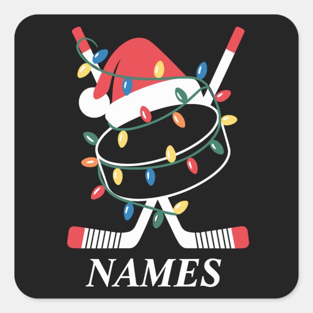 Pegatina Cuadrada Personalized Name Christmas Hockey Xmas Santa Hat (Anverso)