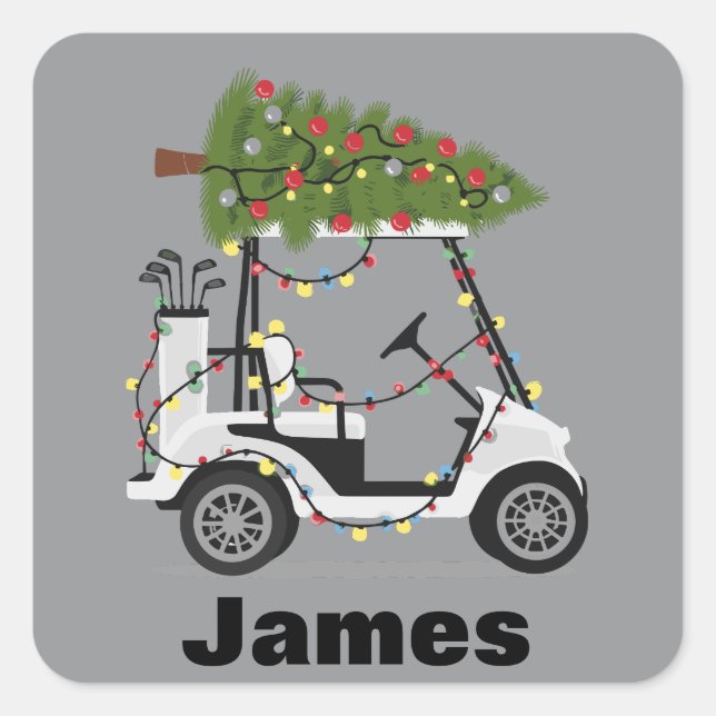 Pegatina Cuadrada Personalized Name Golfer Christmas Golf Cart Xmas  (Anverso)