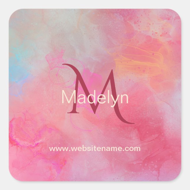 Pegatina Cuadrada Personalized Name + Monogram Pink Watercolor Ink (Anverso)