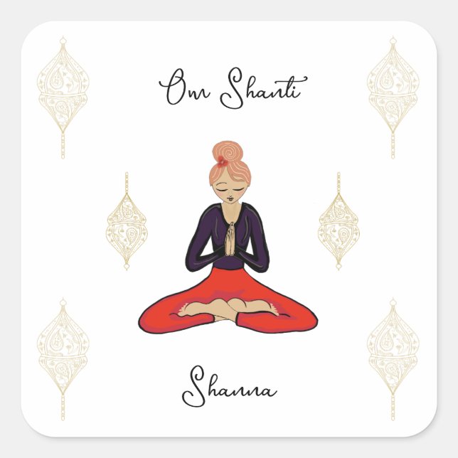 Pegatina Cuadrada Personalized Om Shanti Yoga Girl (Anverso)