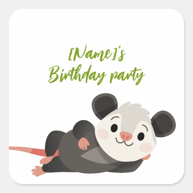 Pegatina Cuadrada Personalized Opossum Birthday Party (Anverso)