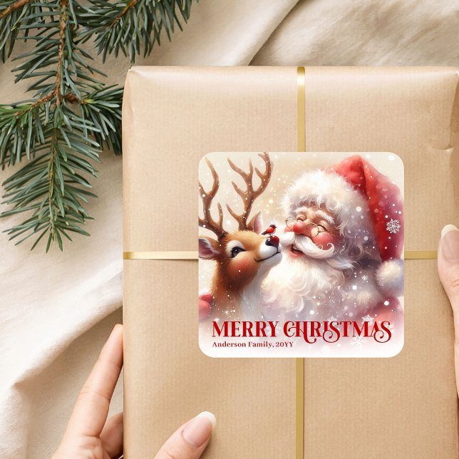 Pegatina Cuadrada Personalized Santa and Rudolph Cute Christmas Kids (Personalized Santa and Rudolph Cute Christmas Sticker)