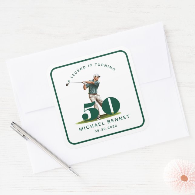 Pegatina Cuadrada Personalized Sports Golf 50th Birthday (Sobre)