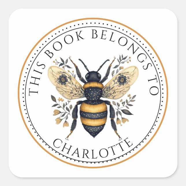 Pegatina Cuadrada Personalized This Book Belongs To Floral Bee (Anverso)
