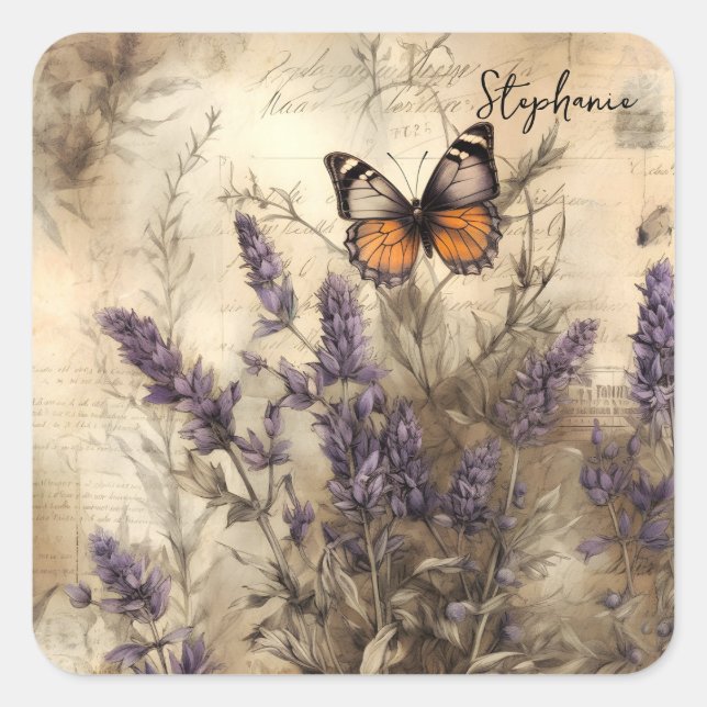 Pegatina Cuadrada Personalized Vintage Lavender Butterfly Art (Anverso)
