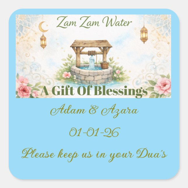 Pegatina Cuadrada Personalized Zam Zam Water Label –Floral & Islamic (Anverso)