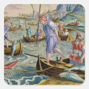 Pegatina Cuadrada Pesca con las redes y los tridentes en la bahía d