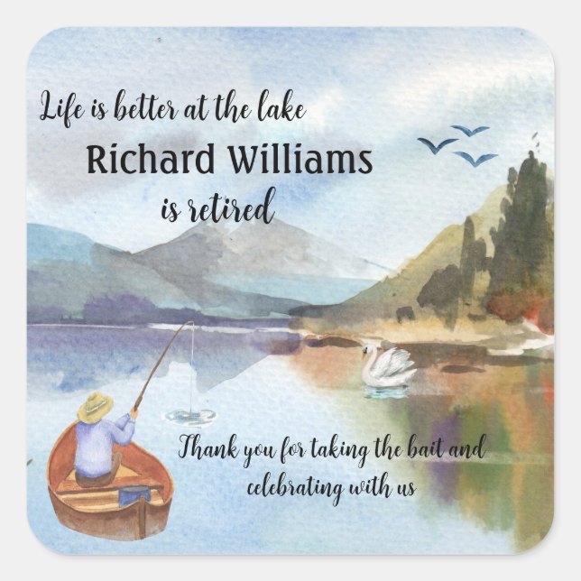 Pegatina Cuadrada Pesca de jubilación en la acuarela del lago (Anverso)