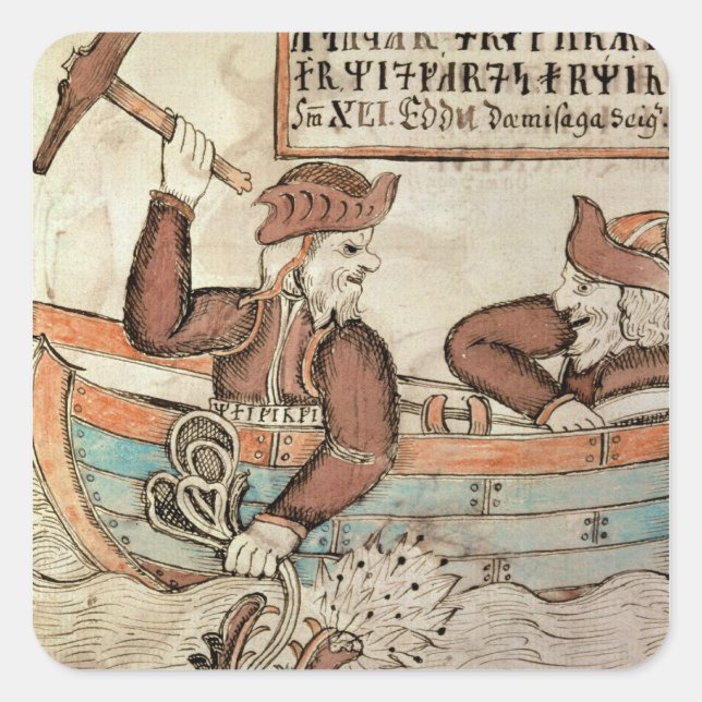 Pegatina Cuadrada Pesca de Thor para la serpiente de Midgard (Anverso)