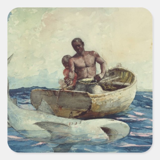 Pegatina Cuadrada Pesca de tiburón, 1885 (Anverso)