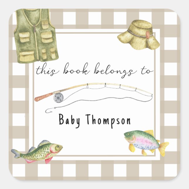 Pegatina Cuadrada Pesca en Baby Shower - este libro pertenece a (Anverso)