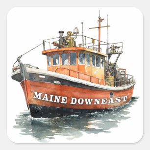 Pegatina Cuadrada Pesca en barco en Maine Downeast