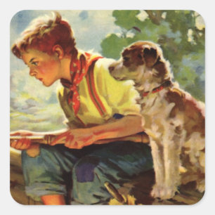 Pegatina Cuadrada Pesca Vintage, Niño con su Cachorro y Lombrices