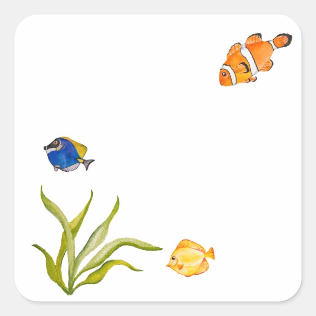 Pegatina Cuadrada Pescado acuático y algas marinas (Anverso)