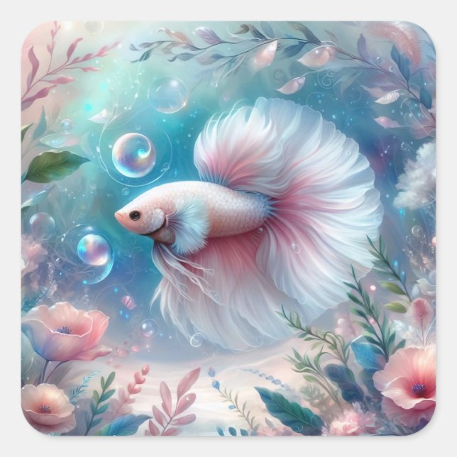 Pegatina Cuadrada Pescado Betta Rosa (Anverso)