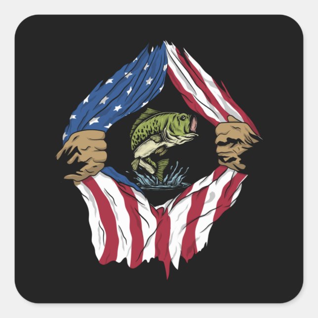 Pegatina Cuadrada Pescado con bandera estadounidense (Anverso)