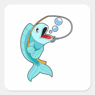 Pegatina Cuadrada Pescado con barra de pesca