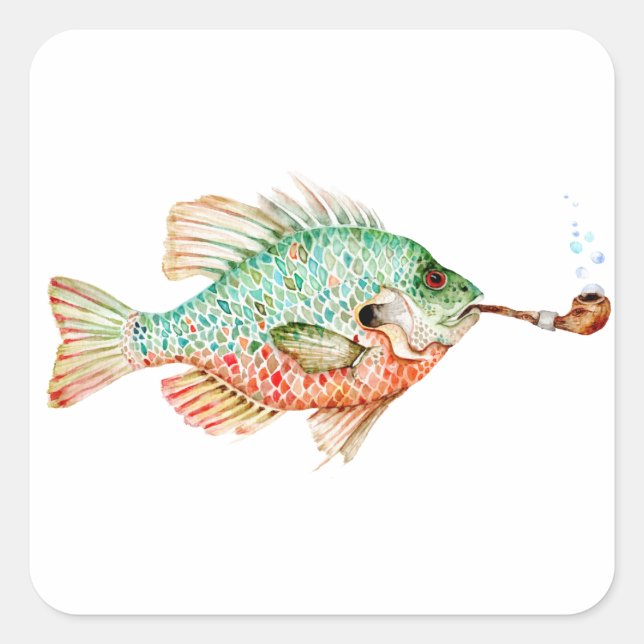 Pegatina Cuadrada Pescado con una tubería (Anverso)