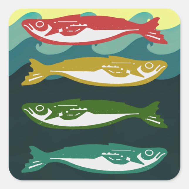 Pegatina Cuadrada Pescado de color sobre las olas (Anverso)