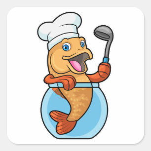 Pegatina Cuadrada Pescado en vidrio cocinado con cuchara de sopa