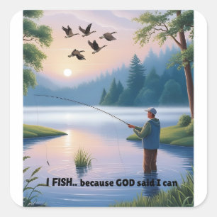 Pegatina Cuadrada Pescado porque Dios me dijo que puedo - Pesca masc