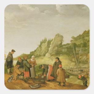 Pegatina Cuadrada Pescador descargando y vendiendo su captura