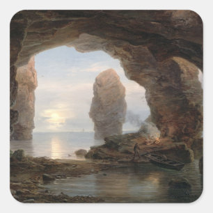 Pegatina Cuadrada Pescador en un Grotto, Helgoland, 1850 (petróleo e