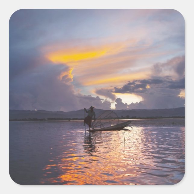 Pegatina Cuadrada Pescador intha pesca con redes (Anverso)