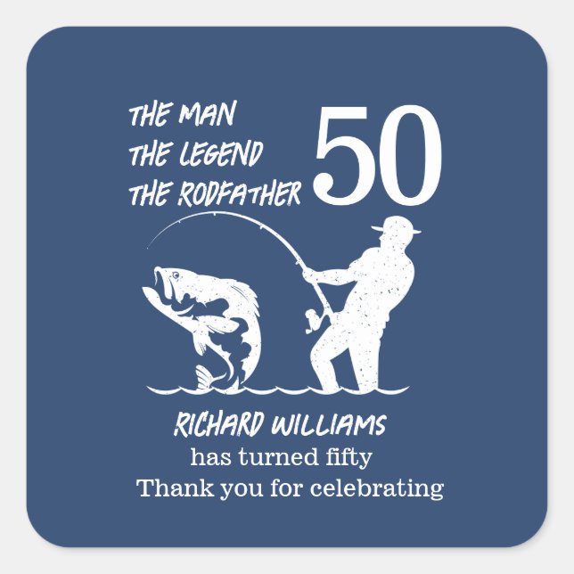 Pegatina Cuadrada Pescando la leyenda Rodfather cumpleaños número 50 (Anverso)