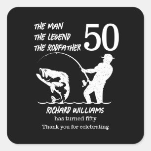 Pegatina Cuadrada Pescando la leyenda Rodfather cumpleaños número 50