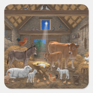 Pegatina Cuadrada Pesebre de Jesús Niño Noche Santa Navidad Nativida