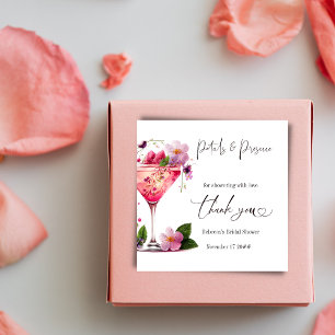 Pegatina Cuadrada Pétalos y Brunch de Boda Floral Rosa Claro Prosecc