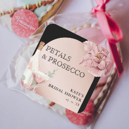 Pegatina Cuadrada Pétalos y Prosecco Black & Rose Gold Despedida de 