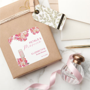 Pegatina Cuadrada Pétalos y Prosecco Desayuno Nupcial Floral Rosa