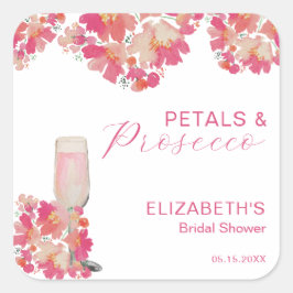 Pegatina Cuadrada Pétalos y Prosecco Ducha Bridal Floral Rosa