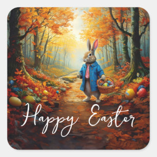 Pegatina Cuadrada Peter Easter Bunny con la cesta de huevos de Pascu