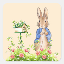 Pegatina Cuadrada Peter el conejo en su jardín