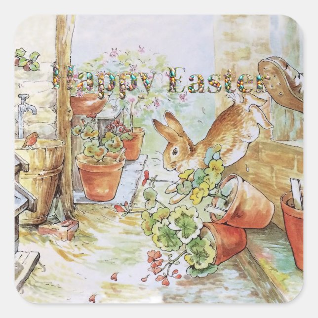 Pegatina Cuadrada Peter el conejo Feliz Pascua (Anverso)