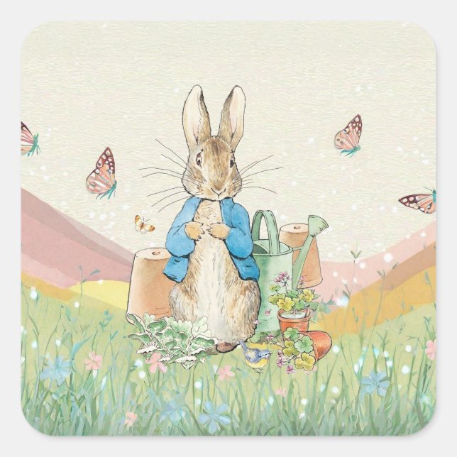 Pegatina Cuadrada Peter, flores silvestres de conejo y mariposas (Anverso)