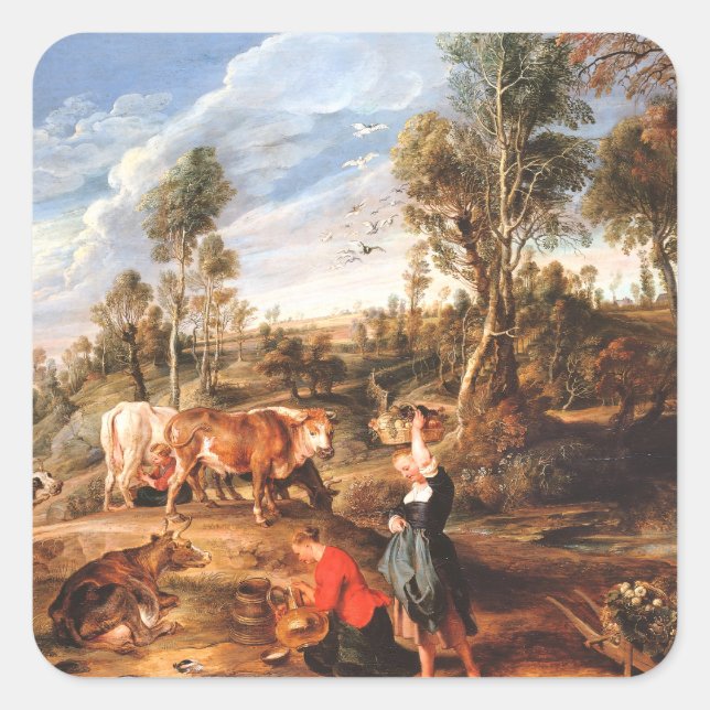 Pegatina Cuadrada Peter Paul Rubens Milkmaids con ganado en tierra (Anverso)